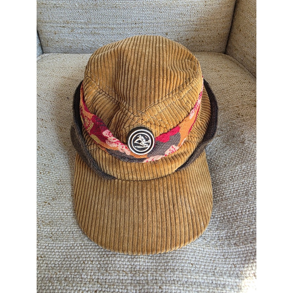 Vintage Corduroy Cap Earthy Tan Wide Wale Hat Ribbed Cuff Twisted Tapestry Band